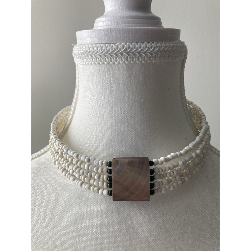 Multi Strand White Bead Choker Necklace Abalone Square Pendant Beachy Coastal